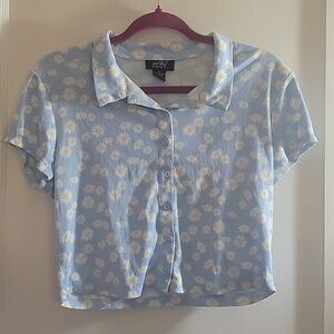Just Polly Womens Daisy Pattern Crop Blue Short Sleeve Top, Size XL